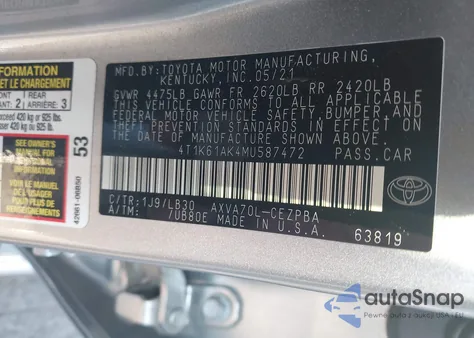 2021 Toyota Camry Xse из США, поврежденный, VIN 4T1K61AK4MU587472